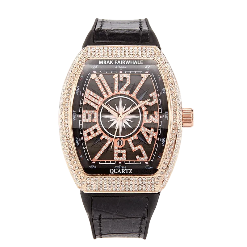 Luxury watch with black leather strap and rose gold case on a white background, featuring Fairwhale brand.