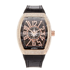 Luxury watch with black leather strap and rose gold case on a white background, featuring Fairwhale brand.