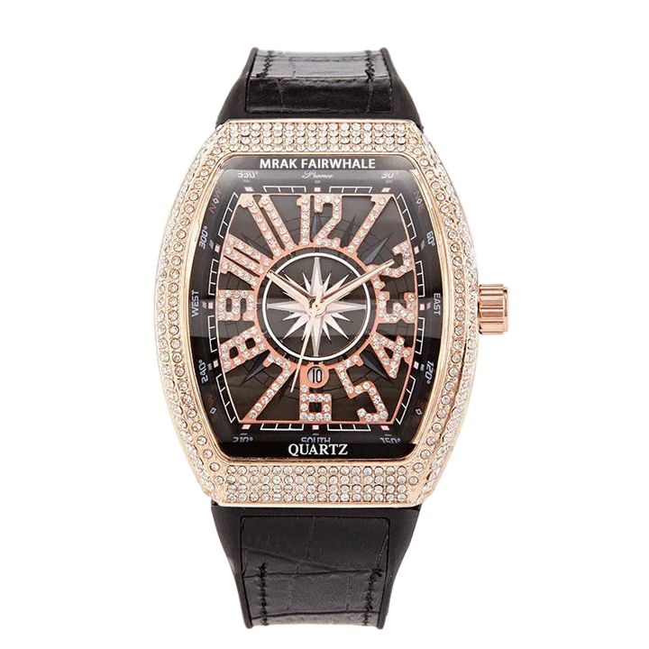 Luxury watch with black leather strap and rose gold case on a white background, featuring Fairwhale brand.