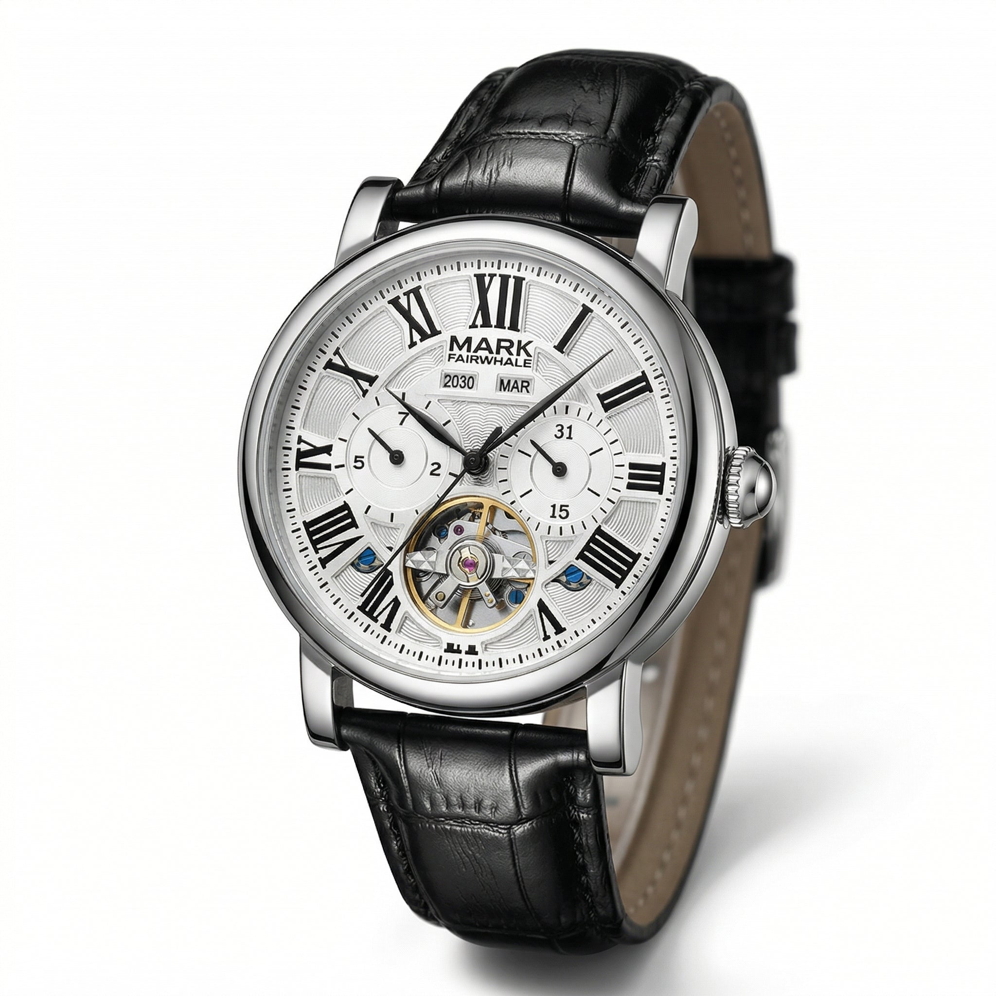 Luxury watch with black leather strap and silver case on a white background