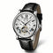 Luxury watch with black leather strap and silver case on a white background