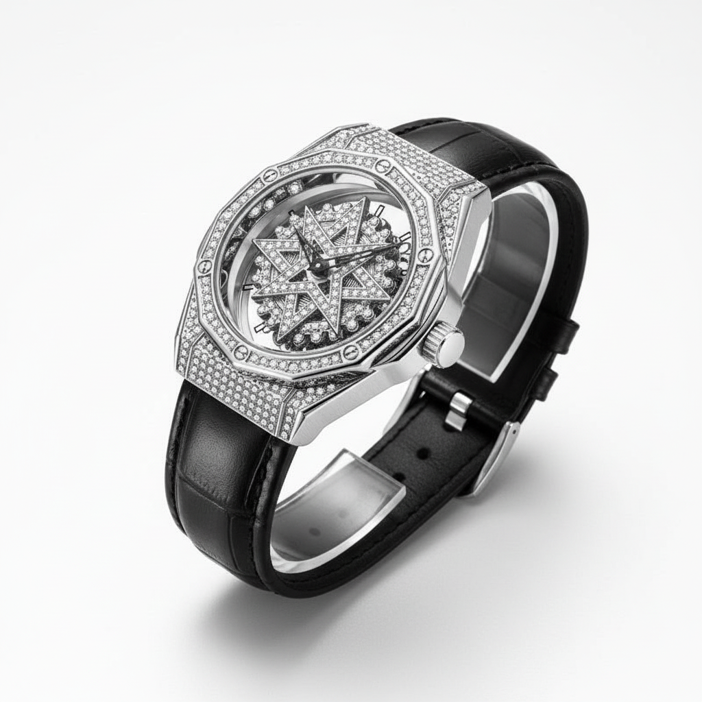 Luxury watch with black leather strap and silver case on a white background