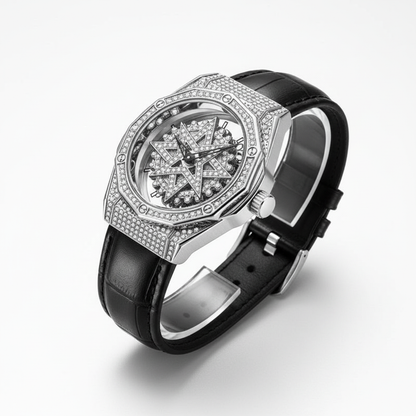 Luxury watch with black leather strap and silver case on a white background