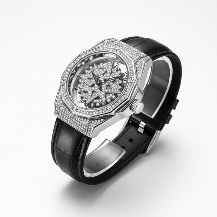 Luxury watch with black leather strap and silver case on a white background