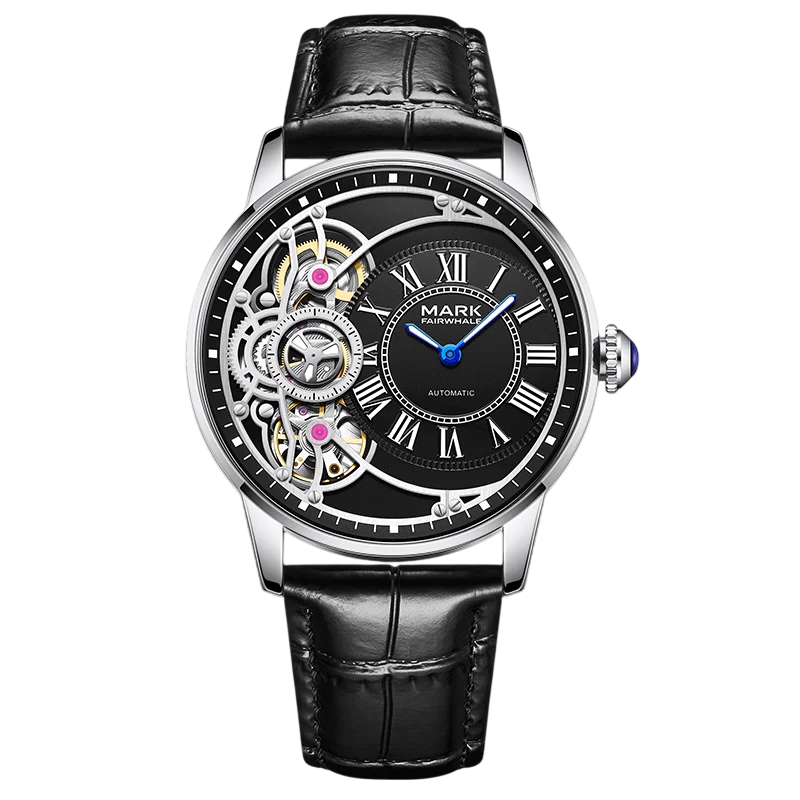 Luxury watch with black leather strap and transparent face on a white background