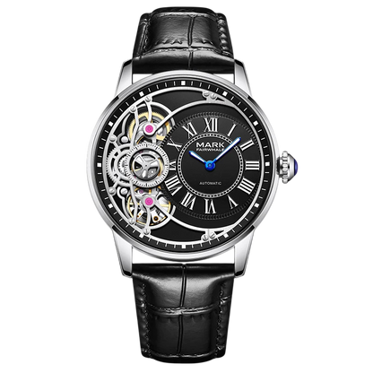 Luxury watch with black leather strap and transparent face on a white background