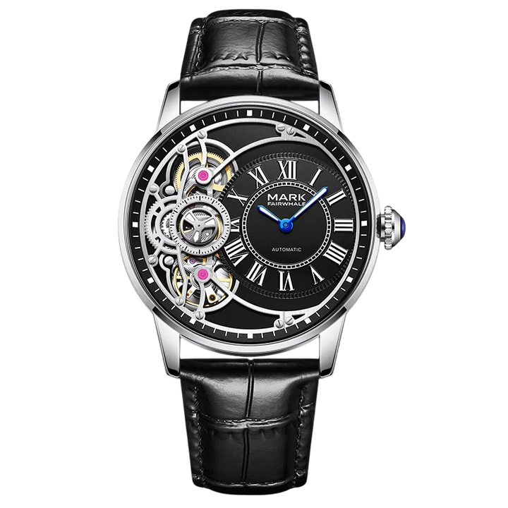 Luxury watch with black leather strap and transparent face on a white background