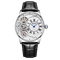 Luxury watch with black leather strap and visible brand name on white background