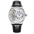 Luxury watch with black leather strap and visible brand name on white background