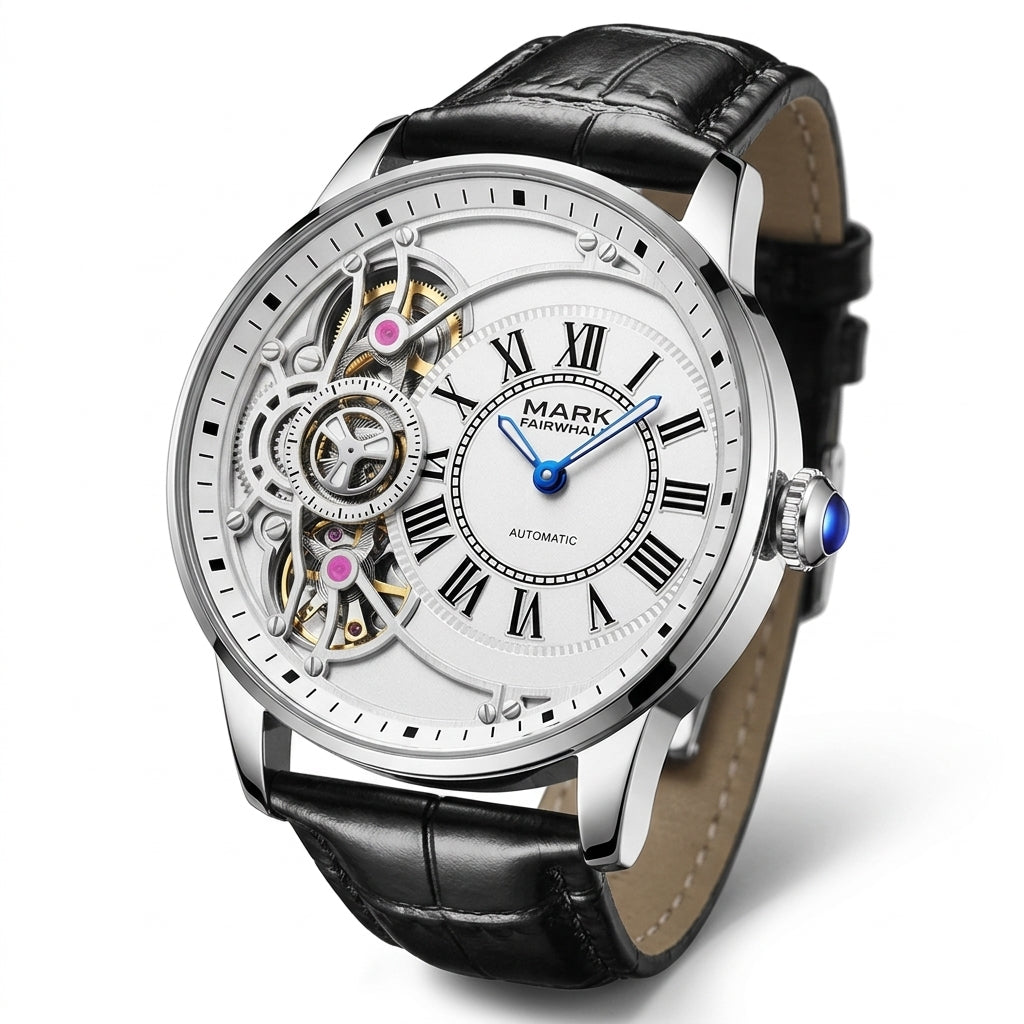 Luxury watch with black leather strap and visible mechanical components on a white background