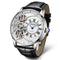 Luxury watch with black leather strap and visible mechanical components on a white background