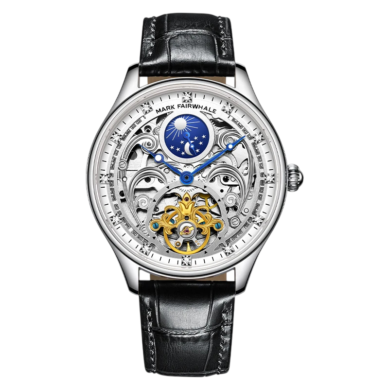 Luxury watch with black leather strap and visible mechanical components on a white background
