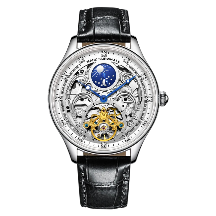 Luxury watch with black leather strap and visible mechanical components on a white background