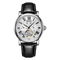 Luxury watch with black leather strap and white dial on a white background