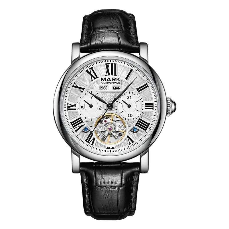 Luxury watch with black leather strap and white dial on a white background