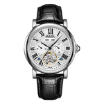 Luxury watch with black leather strap and white dial on a white background
