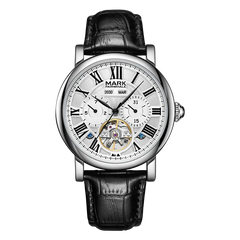 Luxury watch with black leather strap and white dial on a white background