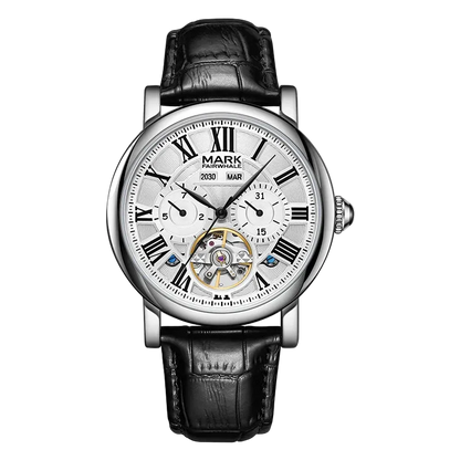 Luxury watch with black leather strap and white dial on a white background