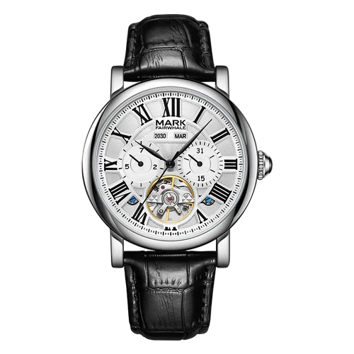 Luxury watch with black leather strap and white dial on a white background