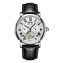 Luxury watch with black leather strap and white dial on a white background