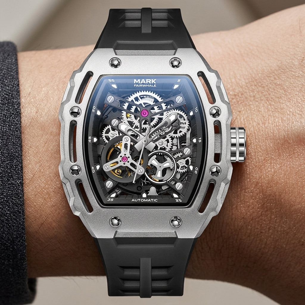 Luxury watch with black strap and silver case on a wrist