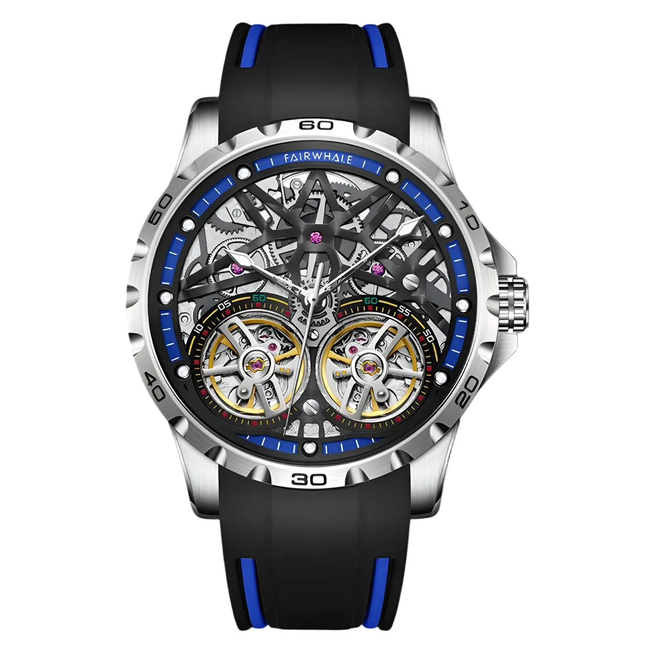 Luxury watch with black strap and blue accents on a white background