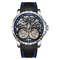 Luxury watch with black strap and blue accents on a white background