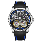 Luxury watch with black strap and blue accents on a white background