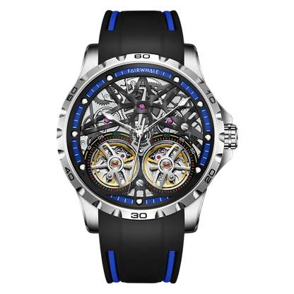 Luxury watch with black strap and blue accents on a white background