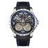 Luxury watch with black strap and blue accents on a white background