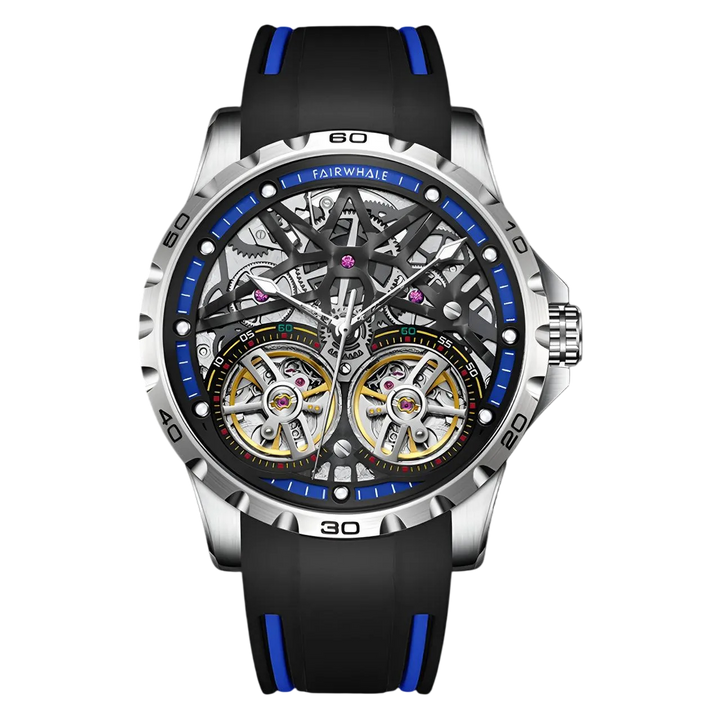 Luxury watch with black strap and blue accents on a white background