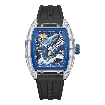 Luxury watch with black strap and blue dial featuring a whale design on a white background
