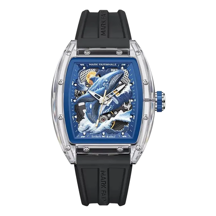 Luxury watch with black strap and blue dial featuring a whale design on a white background