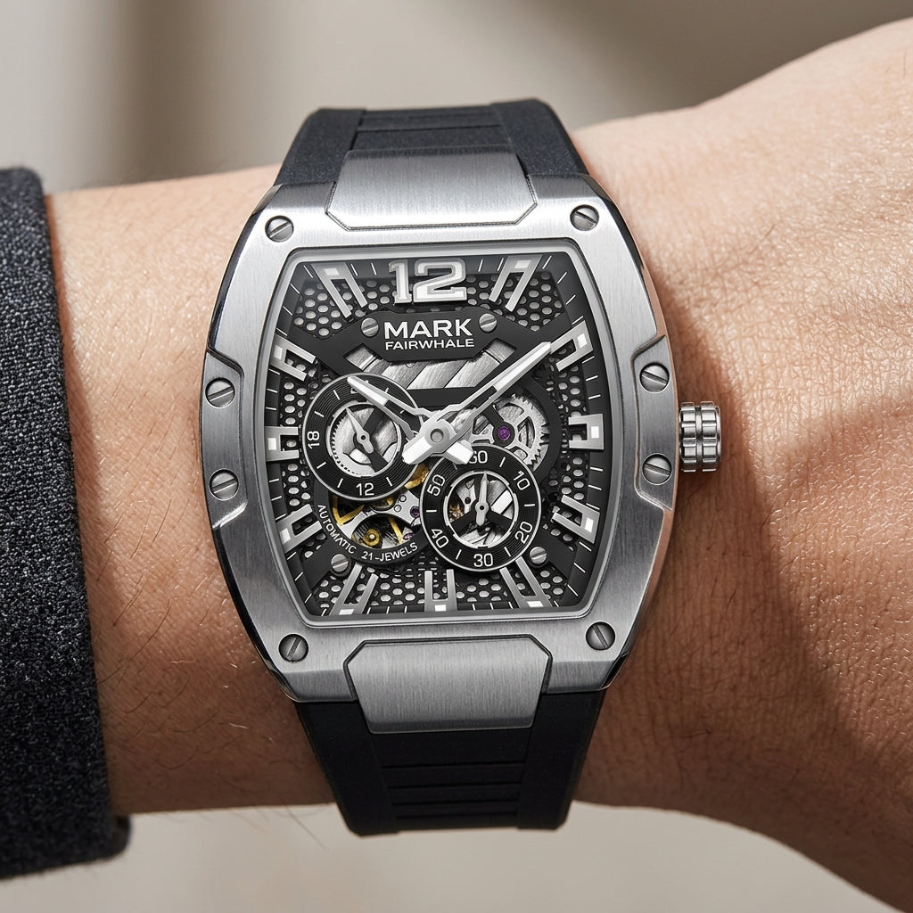 Luxury watch with black strap and detailed face on wrist against a neutral background