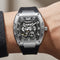 Luxury watch with black strap and detailed face on wrist against a neutral background