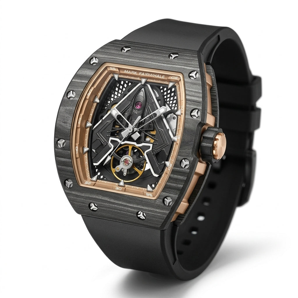 Luxury watch with black strap and intricate design on a white background