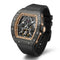 Luxury watch with black strap and intricate design on a white background