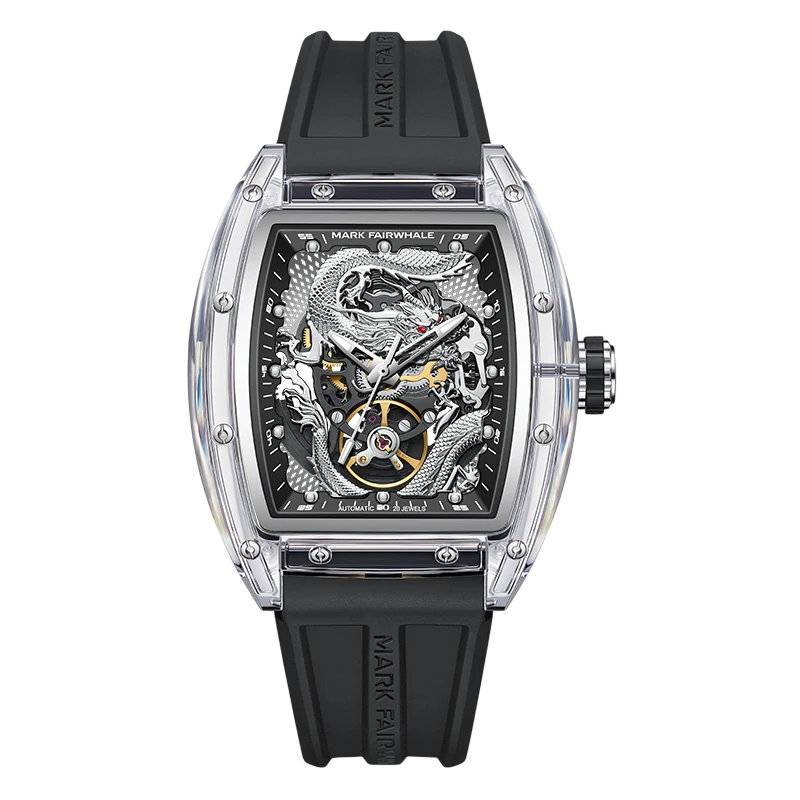 Luxury watch with black strap and intricate design on a white background