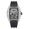 Luxury watch with black strap and intricate design on a white background
