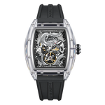 Luxury watch with black strap and intricate design on a white background