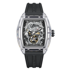 Luxury watch with black strap and intricate design on a white background