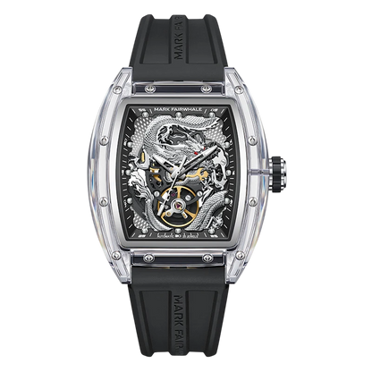 Luxury watch with black strap and intricate design on a white background