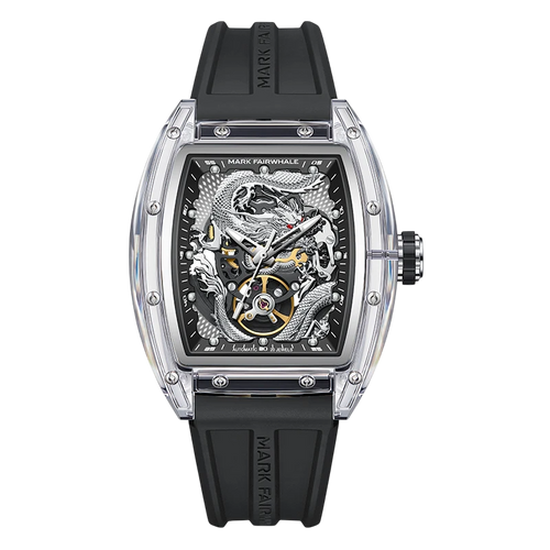Luxury watch with black strap and intricate design on a white background