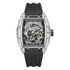 Luxury watch with black strap and intricate design on a white background