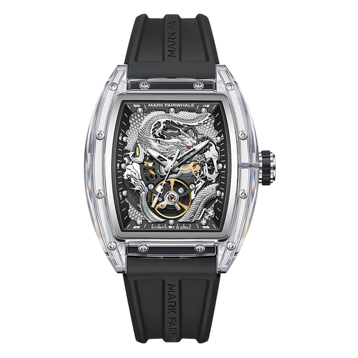 Luxury watch with black strap and intricate design on a white background