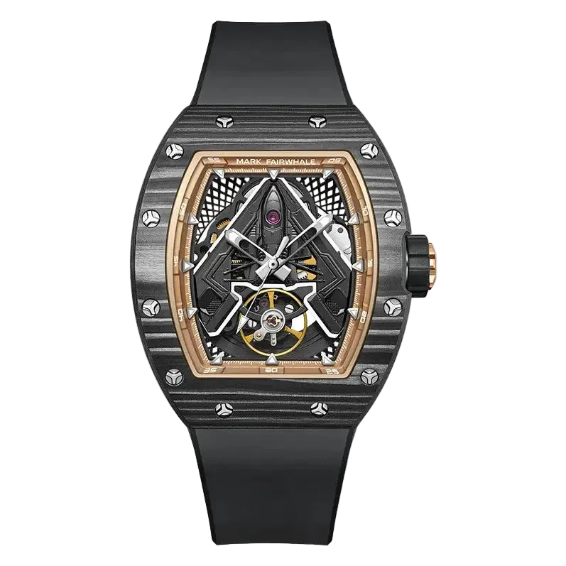 Luxury watch with black strap and intricate design on a white background