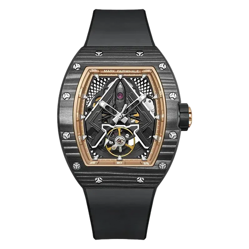 Luxury watch with black strap and intricate design on a white background