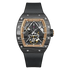 Luxury watch with black strap and intricate design on a white background