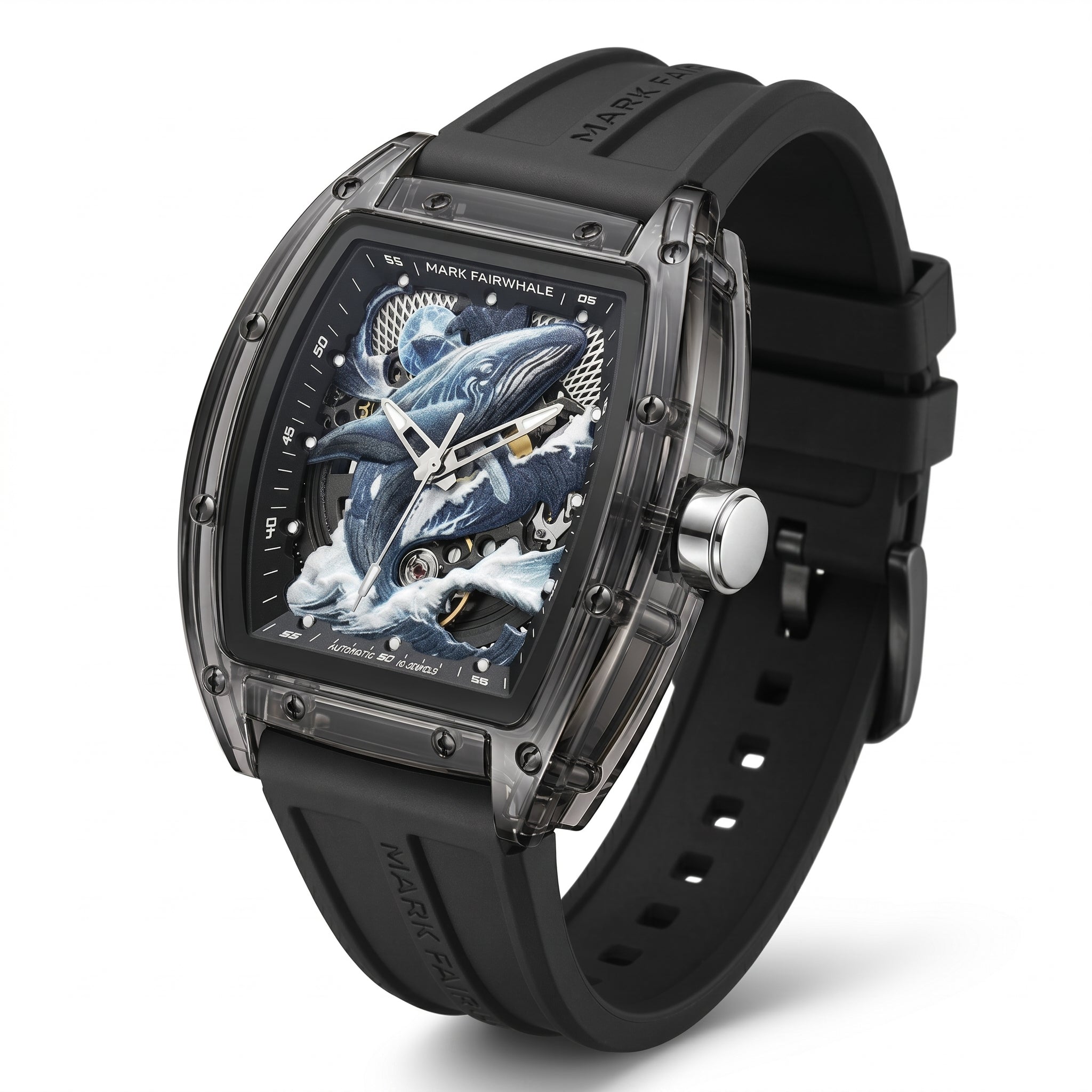 Luxury watch with black strap and intricate face design on a white background