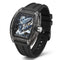 Luxury watch with black strap and intricate face design on a white background